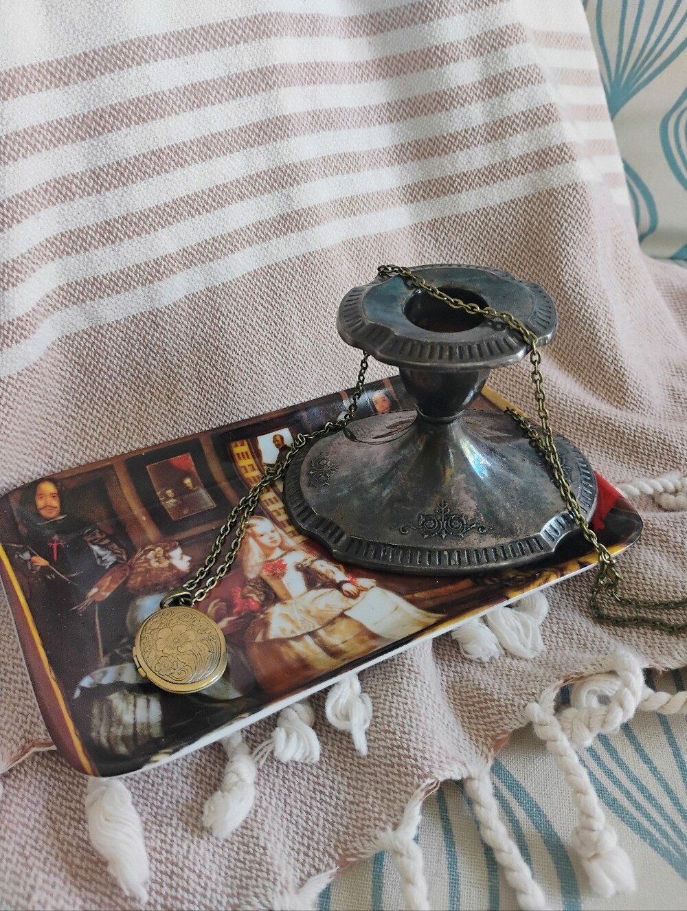 Vintage, Candlestick Silver Plate Decor Bundle Jewelry Trinket Tray Locket 3 Set